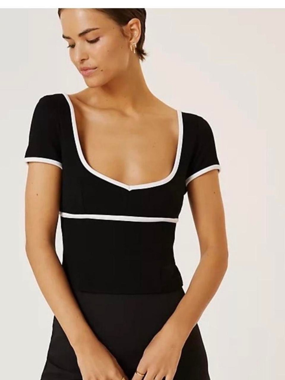 Anthropologie Black Short-Sleeve Scoop Top with White Trim
